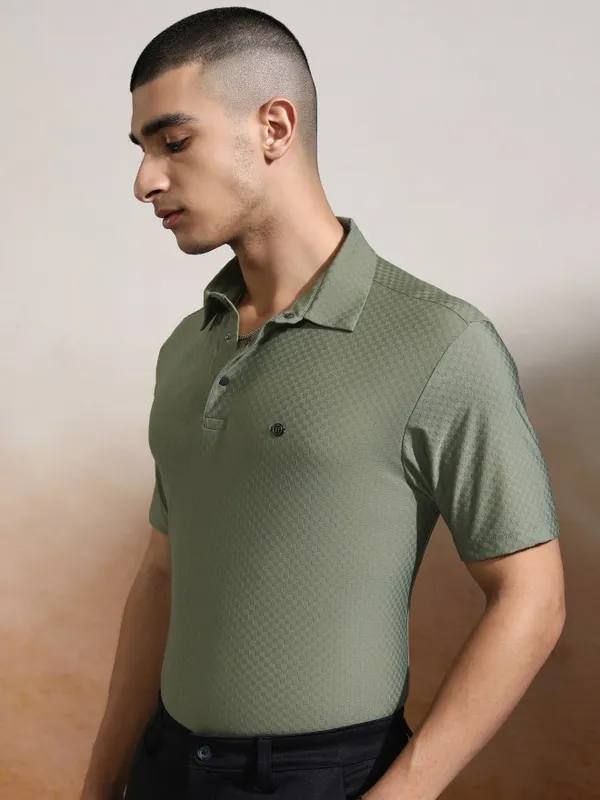 Highlander Men Olive Self Design Polo Collar T-Shirt