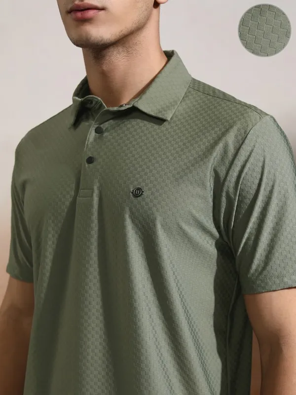 Highlander Men Olive Self Design Polo Collar T-Shirt