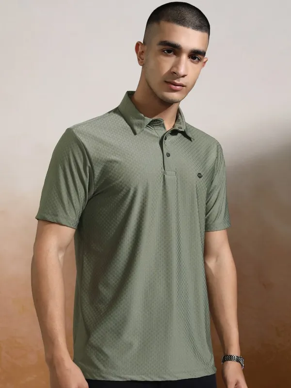 Highlander Men Olive Self Design Polo Collar T-Shirt