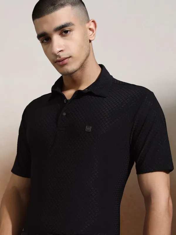 Highlander Men Black Self Design Polo Collar T-Shirt