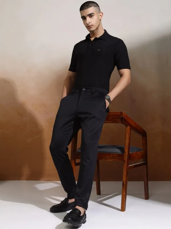 Highlander Men Black Self Design Polo Collar T-Shirt