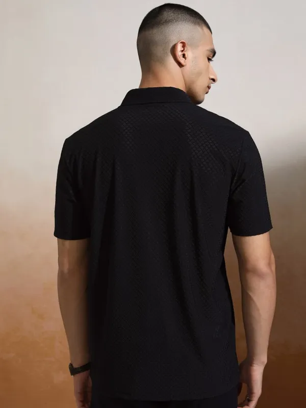 Highlander Men Black Self Design Polo Collar T-Shirt