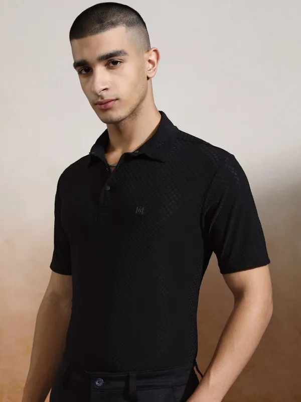 Highlander Men Black Self Design Polo Collar T-Shirt