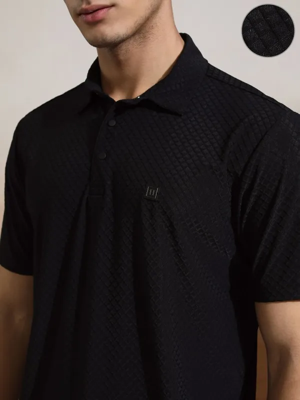Highlander Men Black Self Design Polo Collar T-Shirt