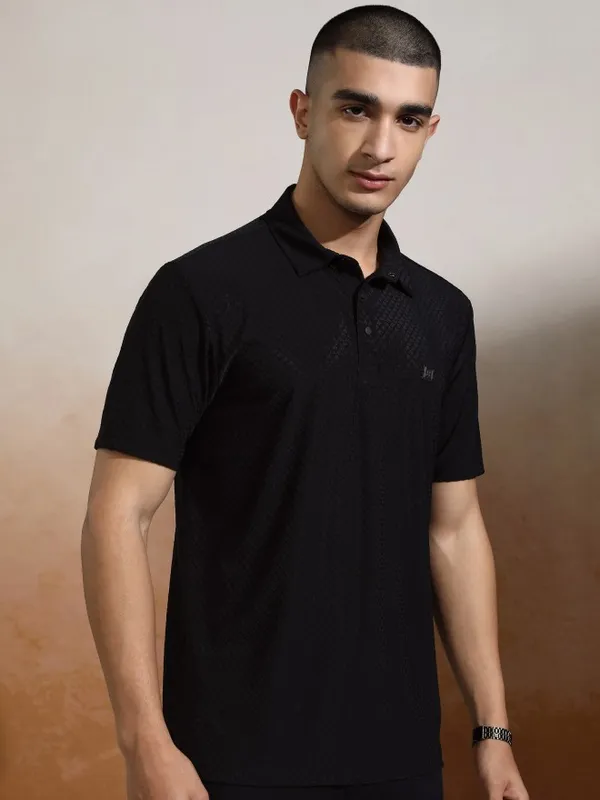 Highlander Men Black Self Design Polo Collar T-Shirt