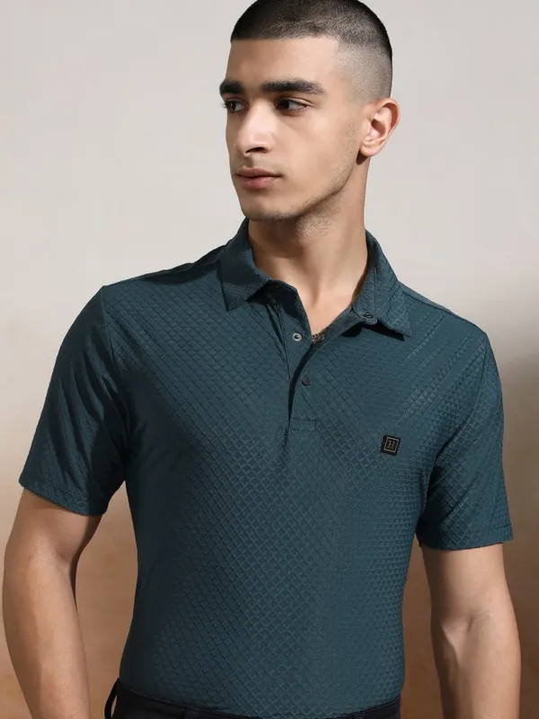 Highlander Men Teal Self Design Polo Collar T-Shirt