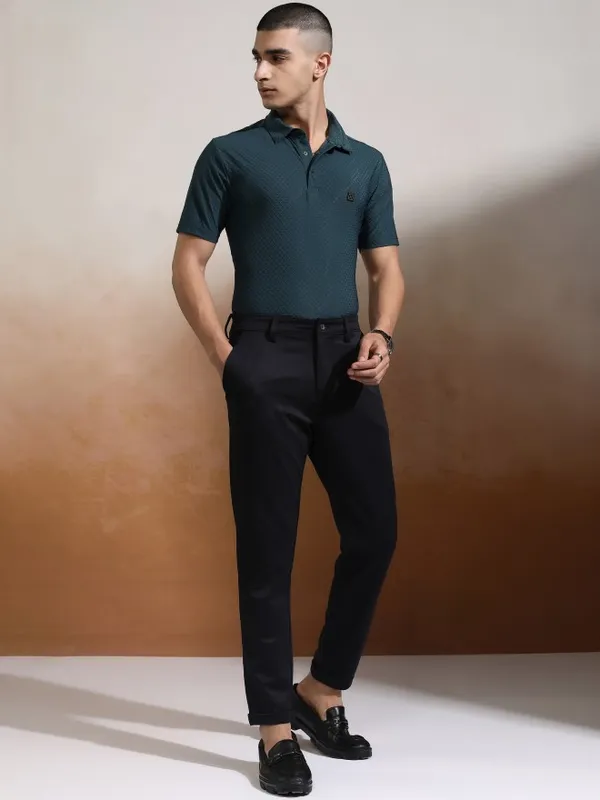 Highlander Men Teal Self Design Polo Collar T-Shirt