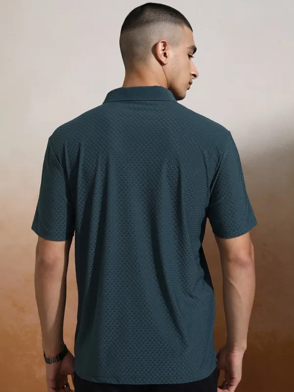Highlander Men Teal Self Design Polo Collar T-Shirt