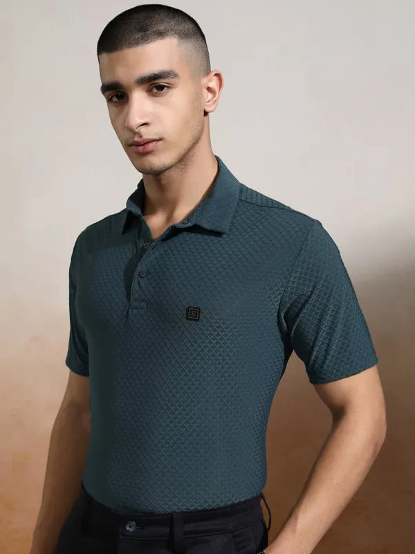 Highlander Men Teal Self Design Polo Collar T-Shirt