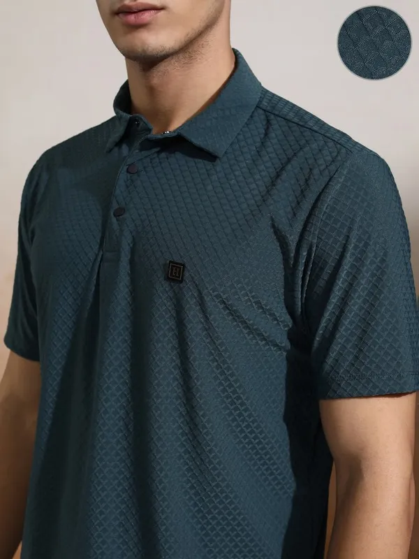 Highlander Men Teal Self Design Polo Collar T-Shirt