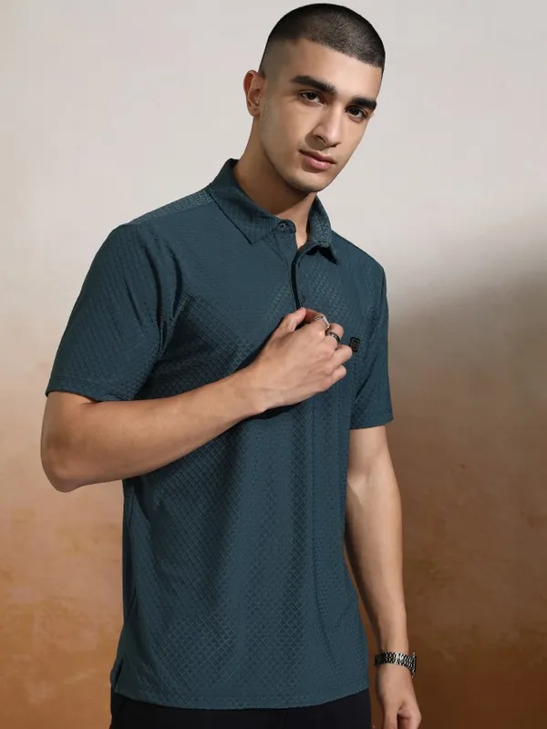Highlander Men Teal Self Design Polo Collar T-Shirt