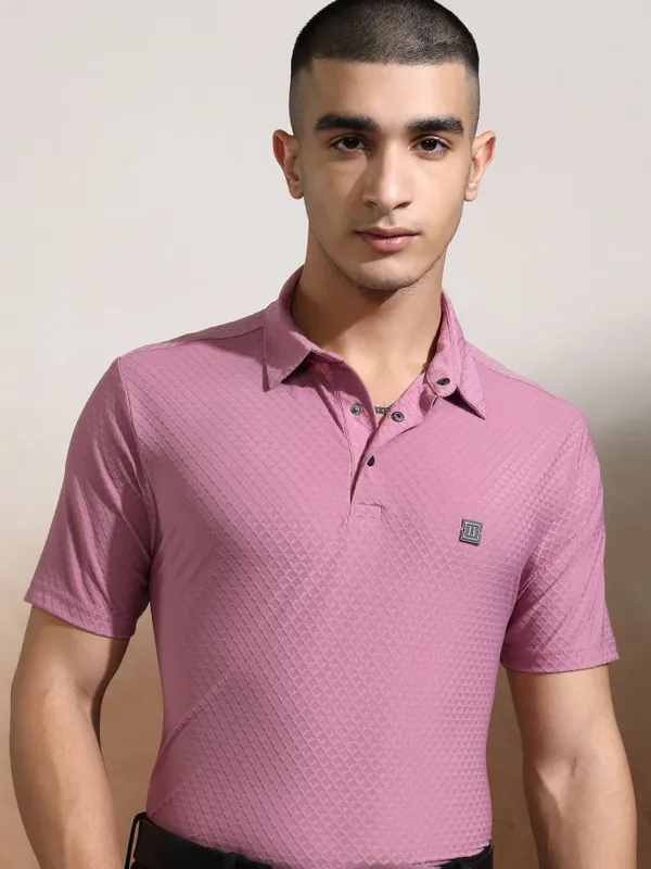 Highlander Men Pink Self Design Polo Collar T-Shirt