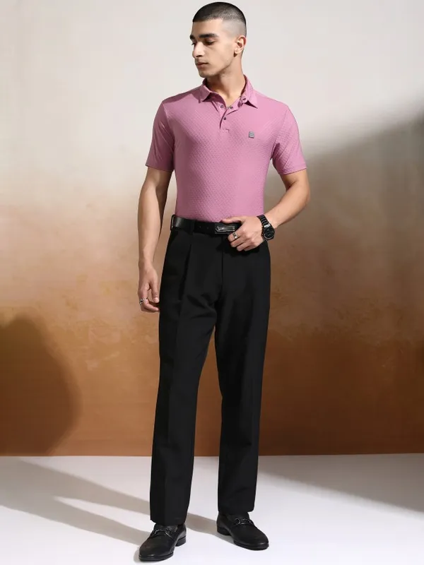 Highlander Men Pink Self Design Polo Collar T-Shirt