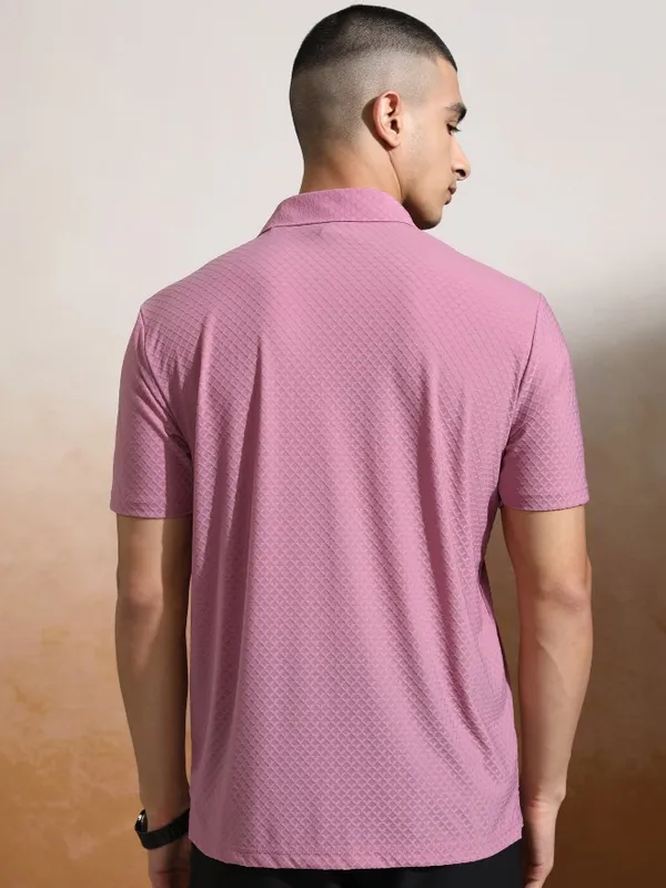 Highlander Men Pink Self Design Polo Collar T-Shirt
