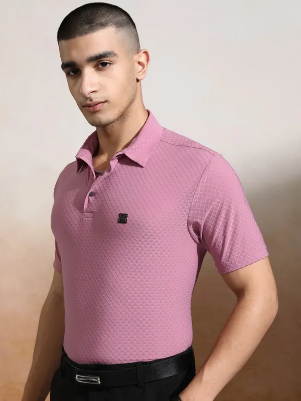 Highlander Men Pink Self Design Polo Collar T-Shirt