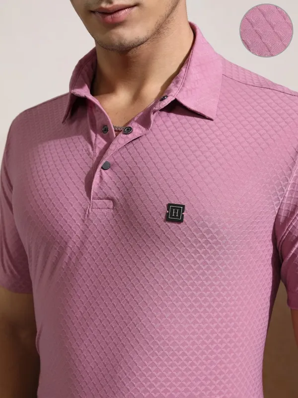 Highlander Men Pink Self Design Polo Collar T-Shirt