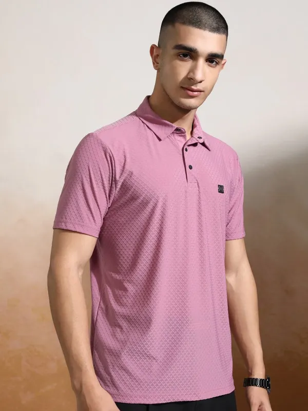 Highlander Men Pink Self Design Polo Collar T-Shirt