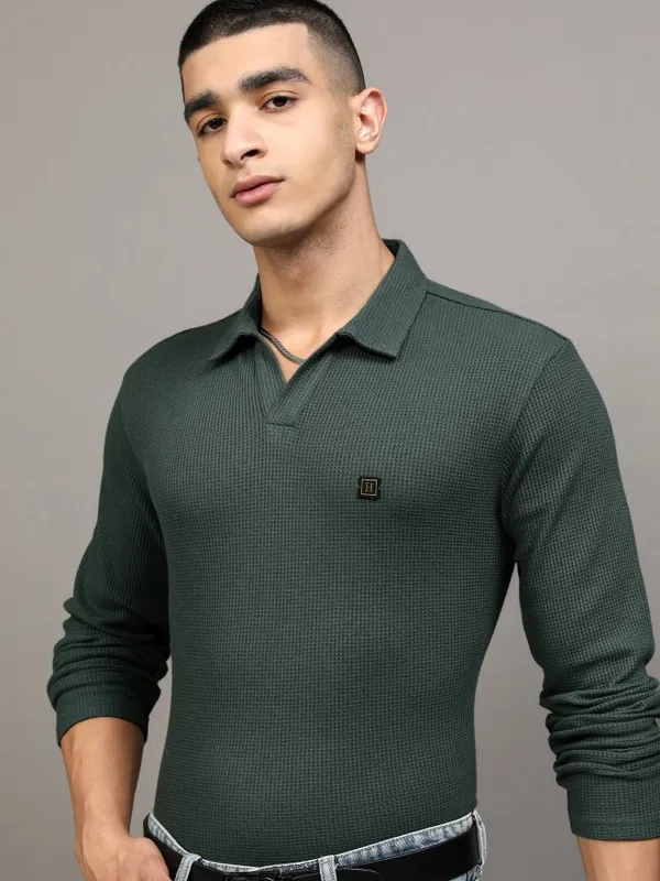 Highlander Men Green Self Design Polo Collar T-Shirt