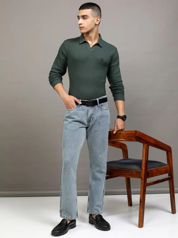 Highlander Men Green Self Design Polo Collar T-Shirt