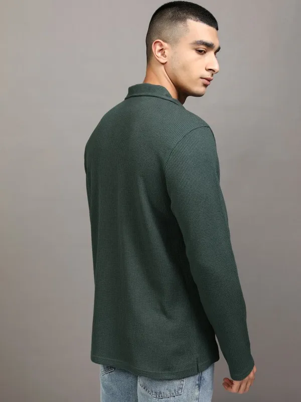 Highlander Men Green Self Design Polo Collar T-Shirt