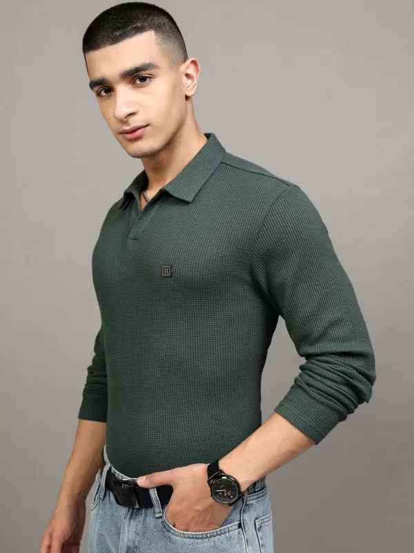 Highlander Men Green Self Design Polo Collar T-Shirt