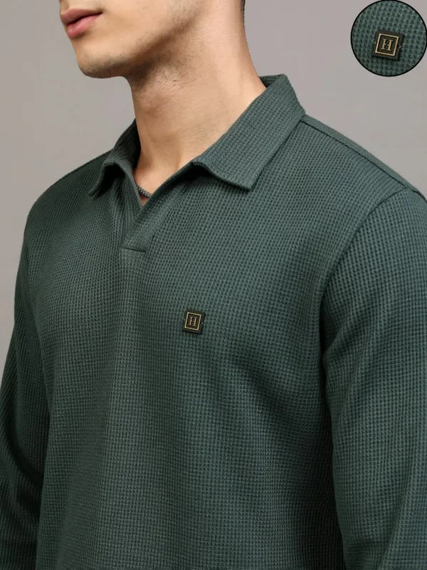 Highlander Men Green Self Design Polo Collar T-Shirt