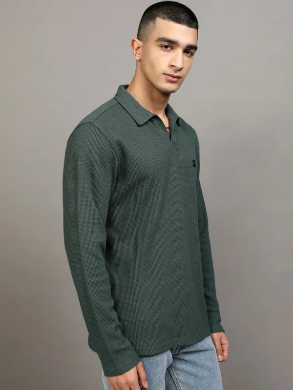Highlander Men Green Self Design Polo Collar T-Shirt