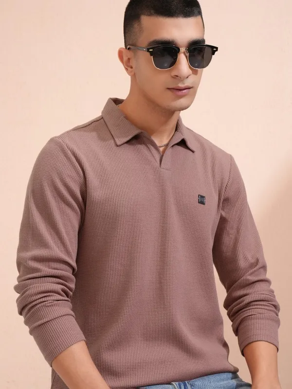 Highlander Men Rust Self Design Polo Collar T-Shirt