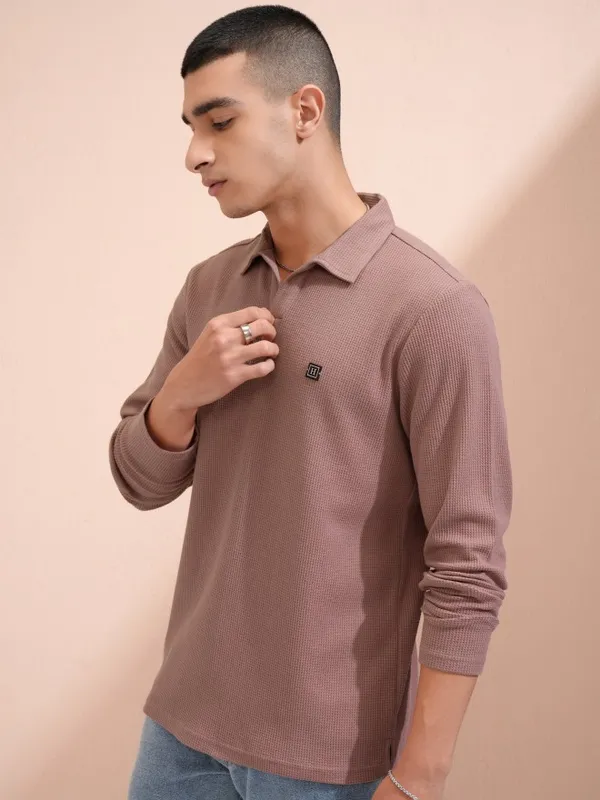 Highlander Men Rust Self Design Polo Collar T-Shirt