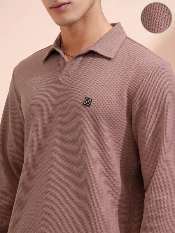 Highlander Men Rust Self Design Polo Collar T-Shirt