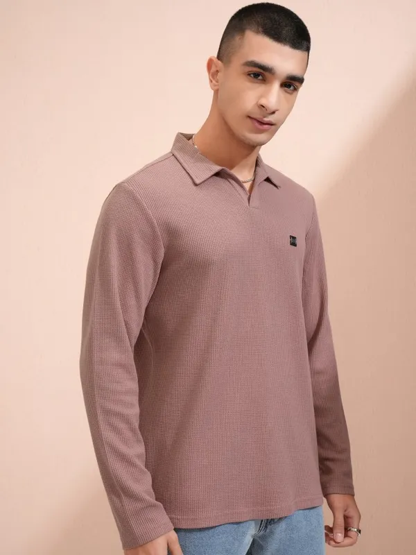 Highlander Men Rust Self Design Polo Collar T-Shirt