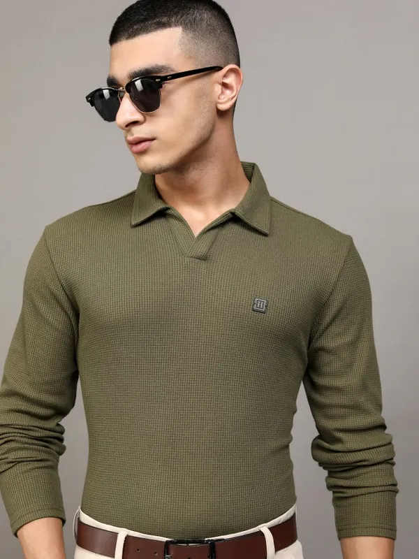 Highlander Men Khaki Self Design Polo Collar T-Shirt