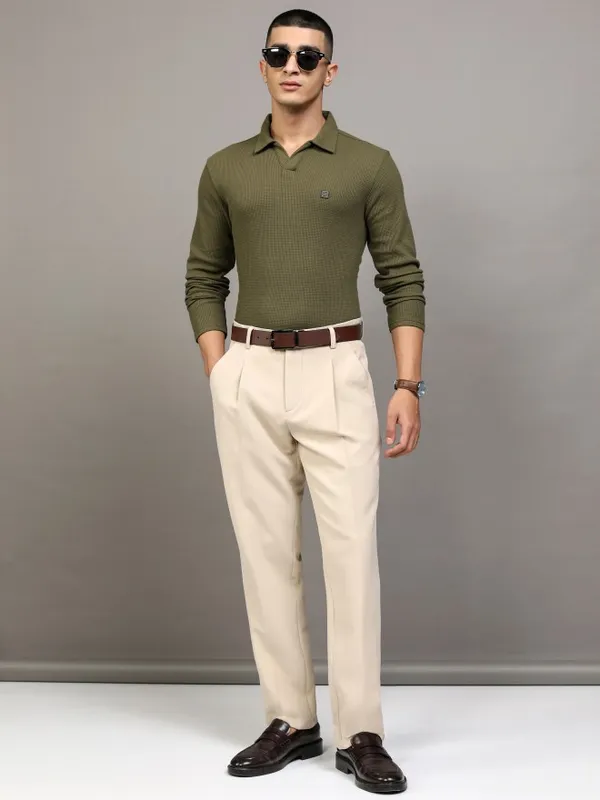 Highlander Men Khaki Self Design Polo Collar T-Shirt