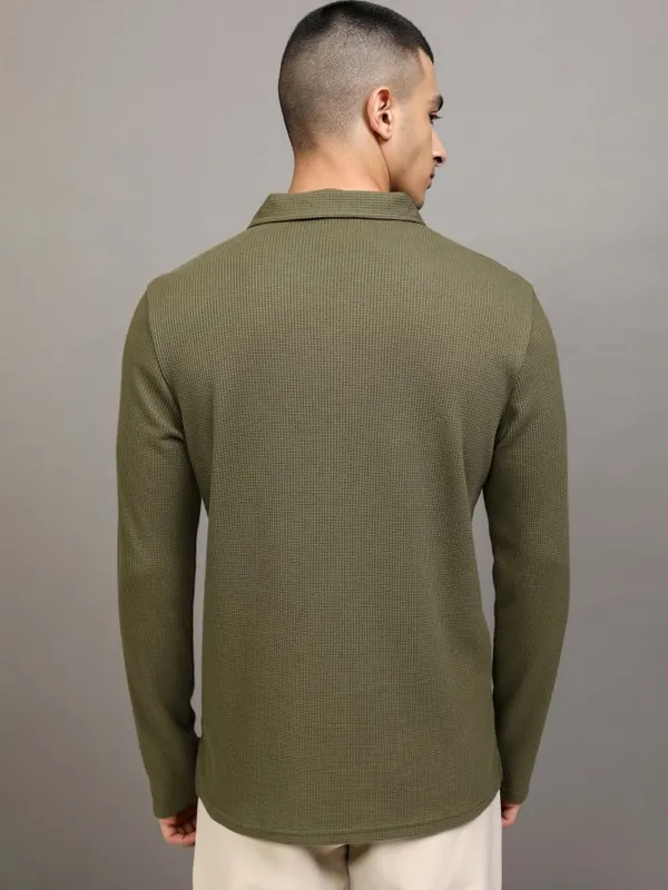 Highlander Men Khaki Self Design Polo Collar T-Shirt