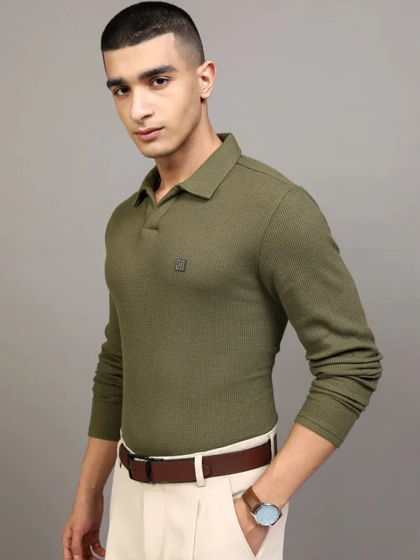 Highlander Men Khaki Self Design Polo Collar T-Shirt