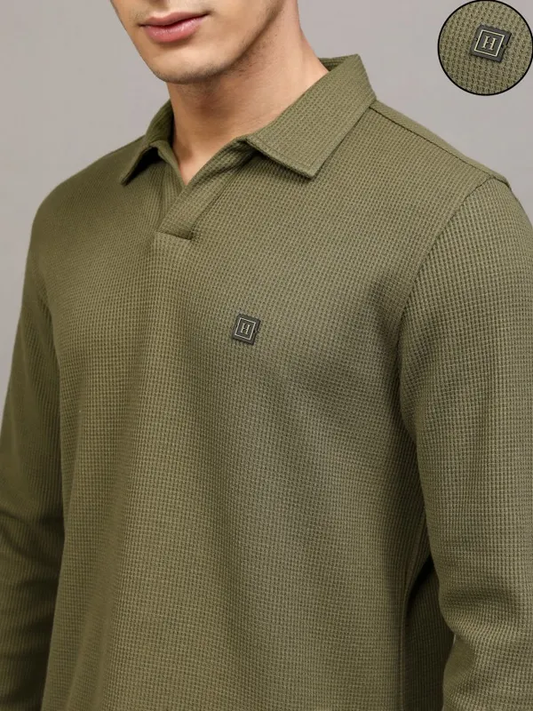 Highlander Men Khaki Self Design Polo Collar T-Shirt