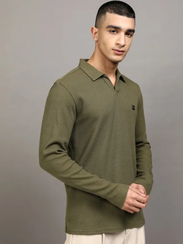 Highlander Men Khaki Self Design Polo Collar T-Shirt