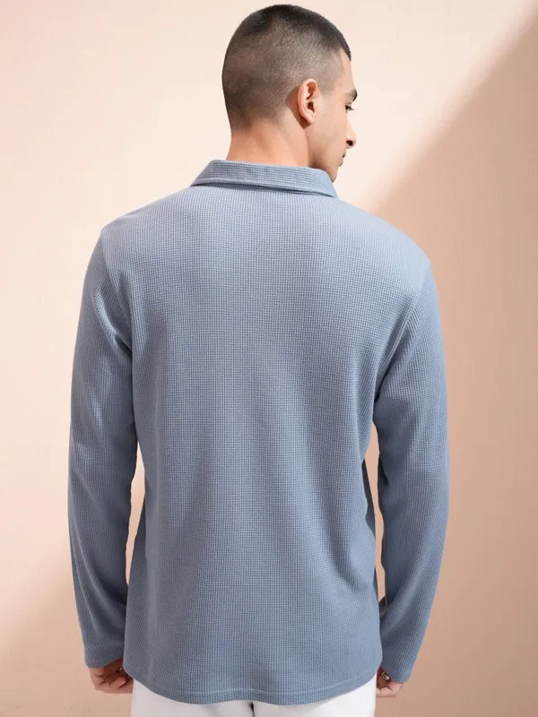 Highlander Men Blue Self Design Polo Collar T-Shirt