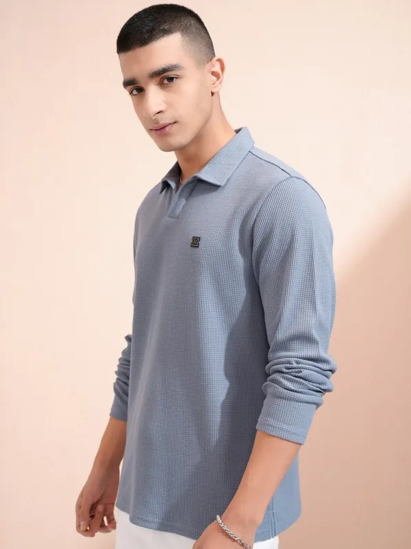 Highlander Men Blue Self Design Polo Collar T-Shirt