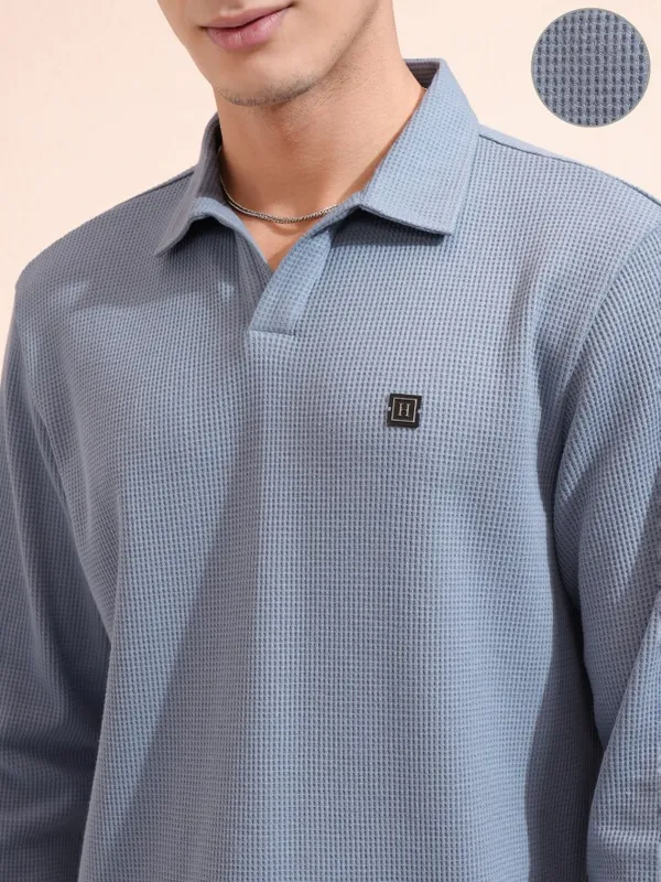 Highlander Men Blue Self Design Polo Collar T-Shirt