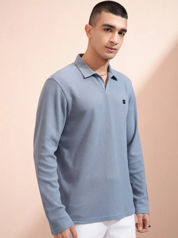 Highlander Men Blue Self Design Polo Collar T-Shirt