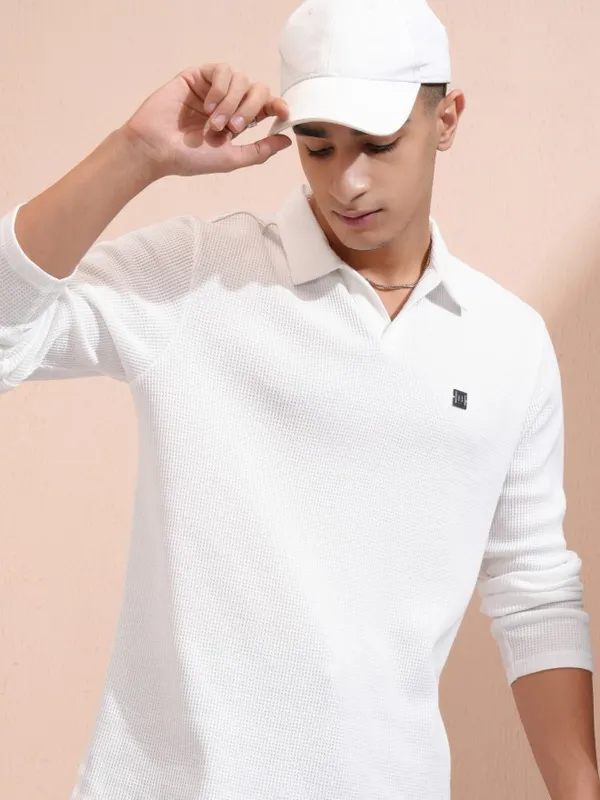 Highlander Men White Self Design Polo Collar T-Shirt
