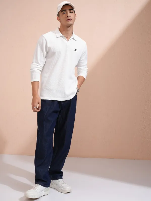 Highlander Men White Self Design Polo Collar T-Shirt