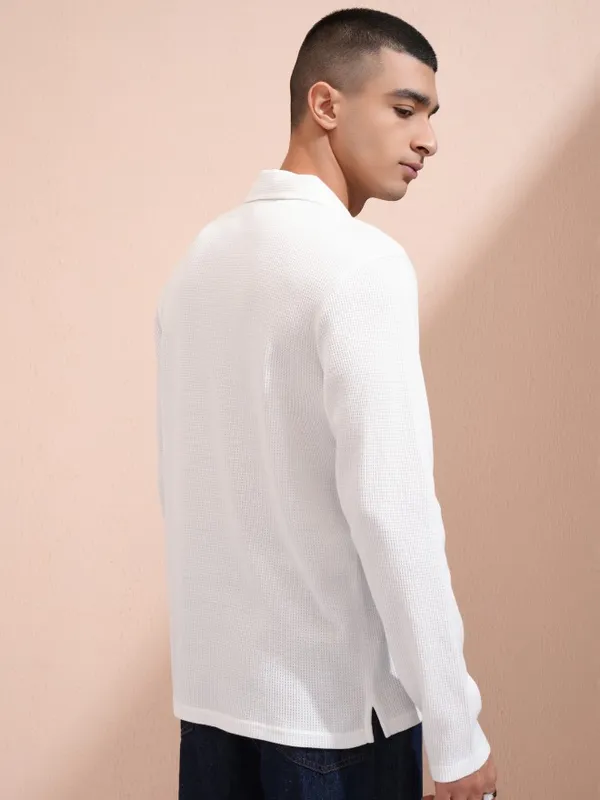 Highlander Men White Self Design Polo Collar T-Shirt