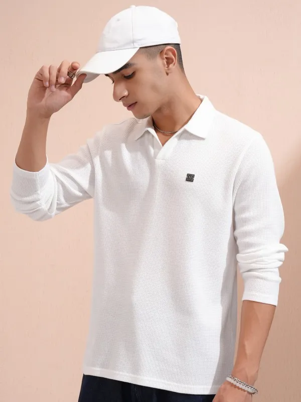 Highlander Men White Self Design Polo Collar T-Shirt