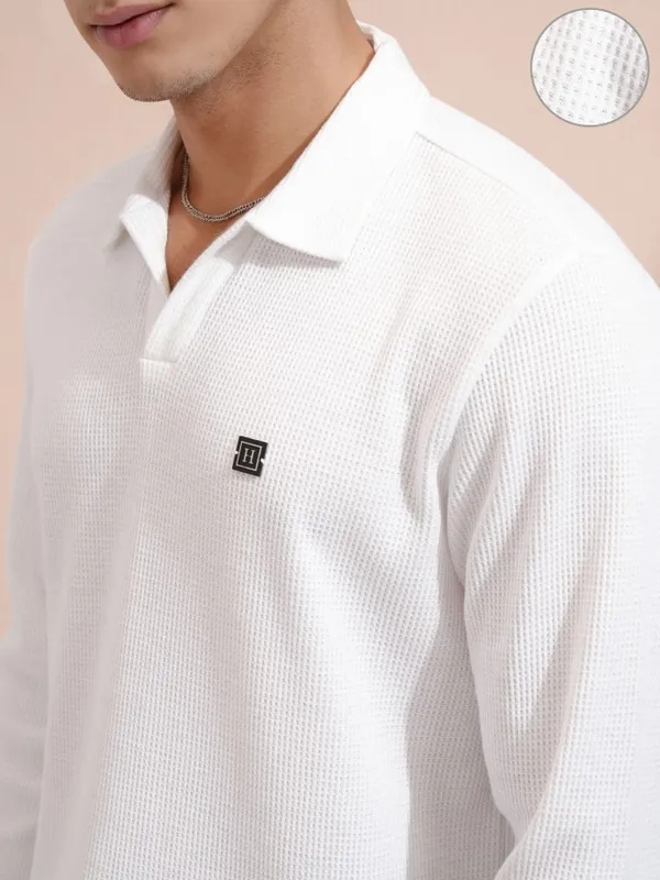 Highlander Men White Self Design Polo Collar T-Shirt