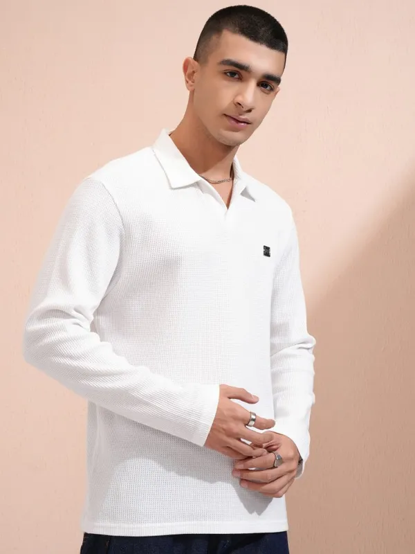 Highlander Men White Self Design Polo Collar T-Shirt