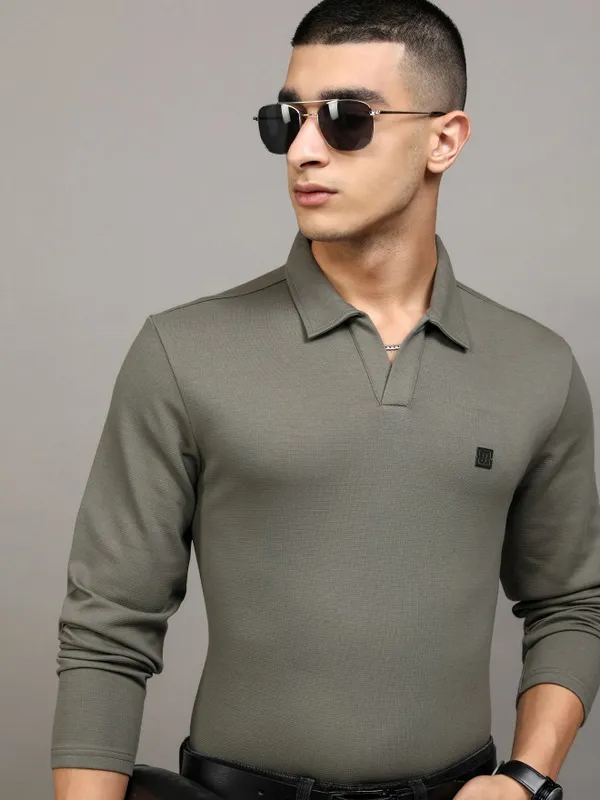 Highlander Men Grey Self Design Polo Collar T-Shirt
