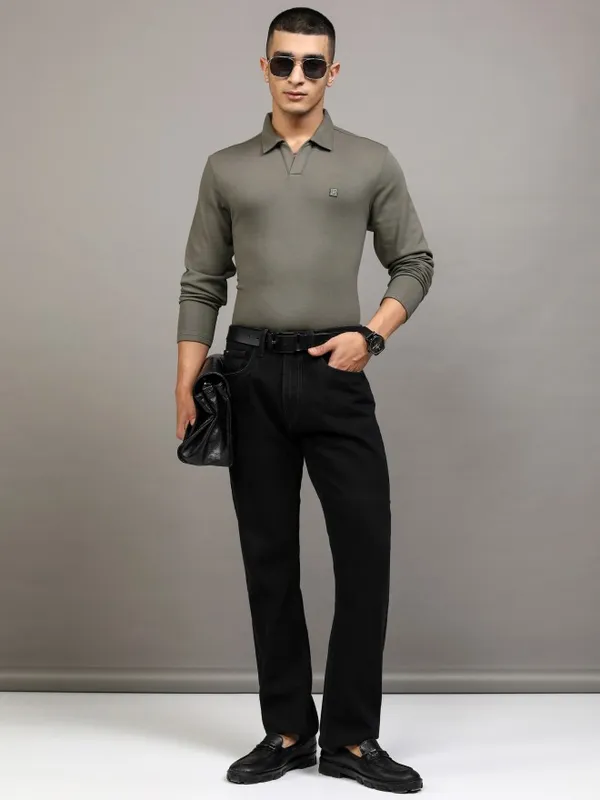 Highlander Men Grey Self Design Polo Collar T-Shirt