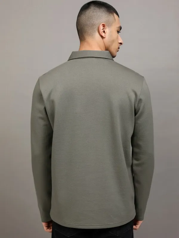Highlander Men Grey Self Design Polo Collar T-Shirt